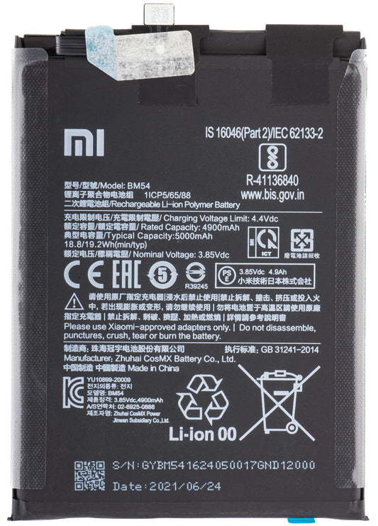 Akku Xiaomi Redmi Note 9T 5G, BM54, huoltopaketti 46020000491Y 