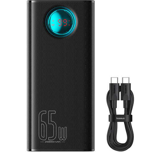 Ulkoinen akku Baseus Amblight Digital Display, 26800mAh, 65W, QC + PD, 1 x USB-C - 4 x USB-A, musta P10022402113-00