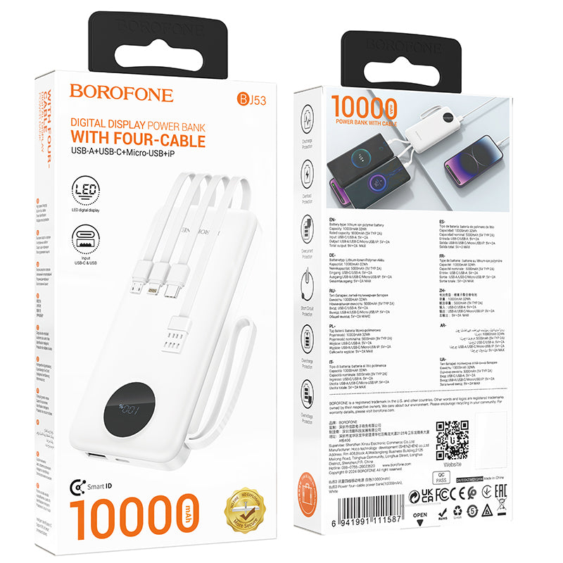 Ulkoinen akku Borofone BJ53 Power, 10000mAh, 10W, 1 x Lightning - 1 x microUSB - 1 x USB-A - 1 x USB-C, valkoinen