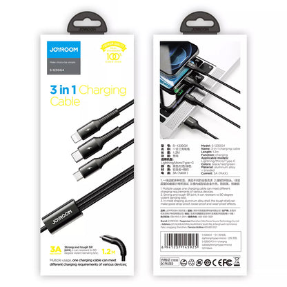 USB-A - Lightning / microUSB / USB-C latauskaapeli Joyroom S-1230G4 3in1, 20W, 1.2m, musta