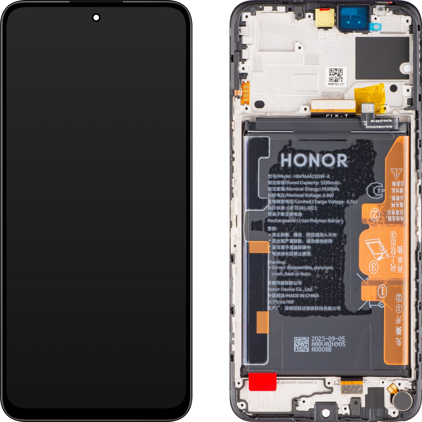 Kosketusnäyttö Kosketusnäyttö Honor 90 Smart / X7b 4G, kehyksellä ja akulla, musta (Midnight Black), huoltopaketti 0235AHDQ 