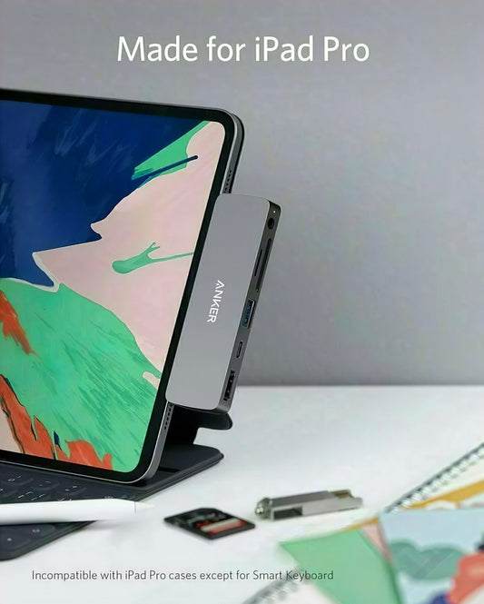 USB-C-keskitin Anker PowerExpand Direct Apple iPad Pro 11 / Pro 12.9:lle, 1 x USB-C - 1 x USB-A - 1 x HDMI - 1 x 3,5 mm:n liitin - 1 x SD - 1 x microSD, harmaa
