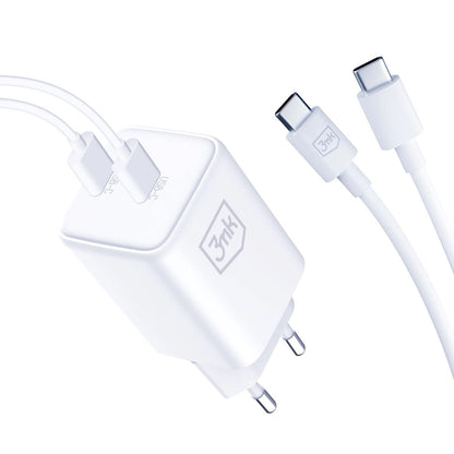 3MK HyperCharger verkkolaturi USB-C-kaapelilla, 45W, 3A, 2 x USB-C, valkoinen 
